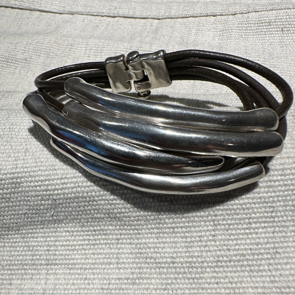 Brown leather and silver bracelet